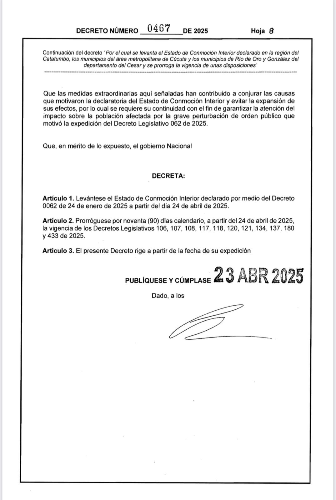 Petro levanta estado de conmoción interior en el Catatumbo