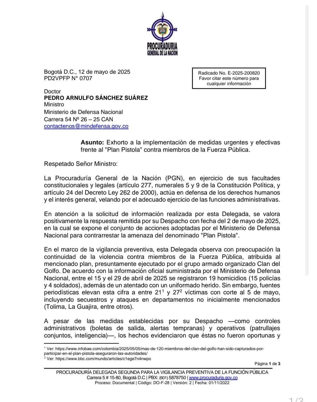 Procuraduría alerta a MinDefensa por medidas en Plan Pistola