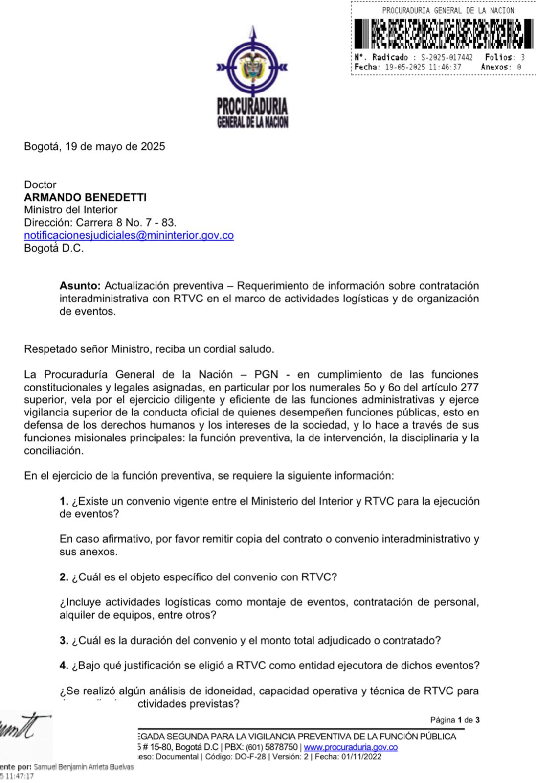 Procuraduría investiga contrato entre MinInterior y RTVC