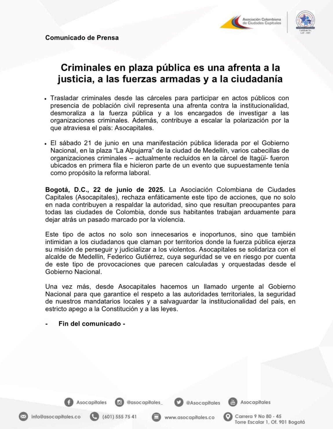 Asocapitales rechaza el traslado de capos a evento de Petro