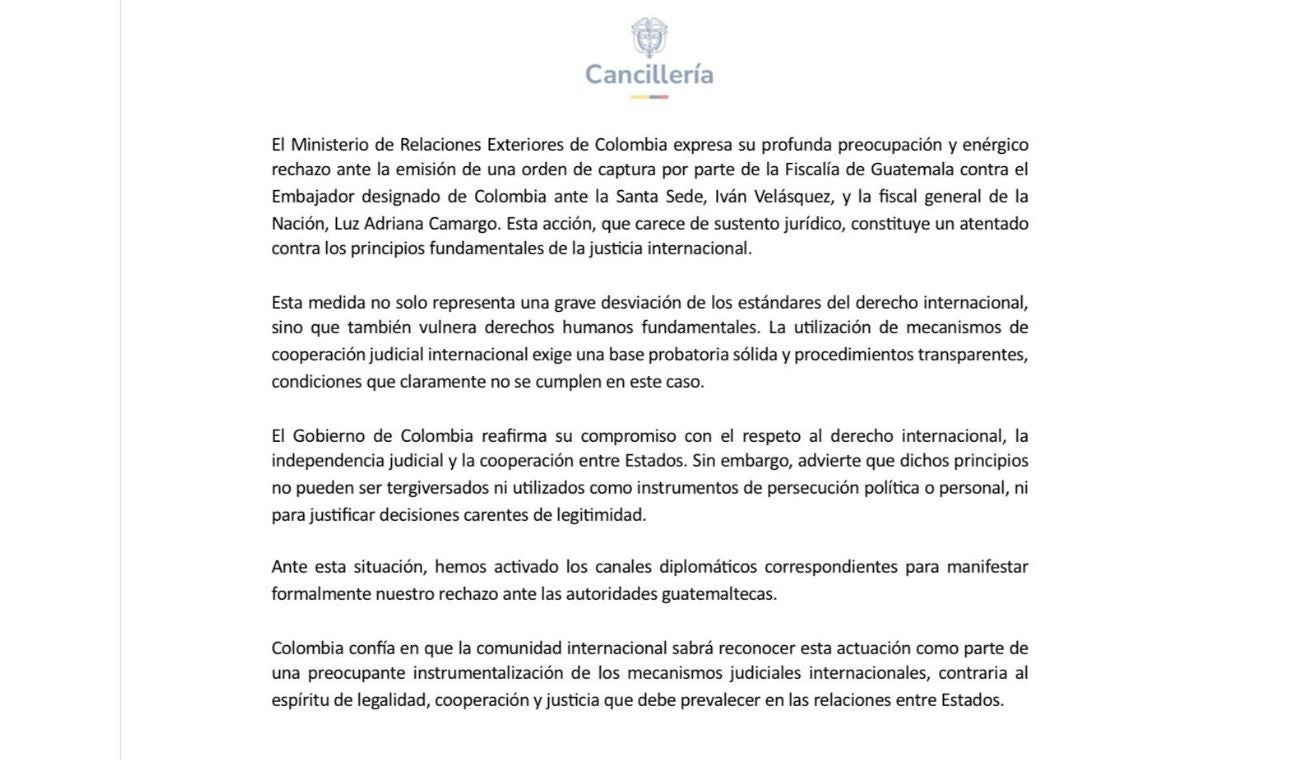 Cancillería responde a orden de captura contra Velásquez