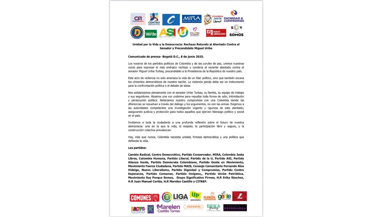 Carta de partidos políticos sobre atentado contra Miguel Uribe