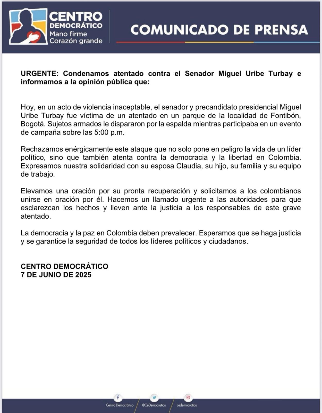 Centro Democrático rechaza atentado contra Miguel Uribe