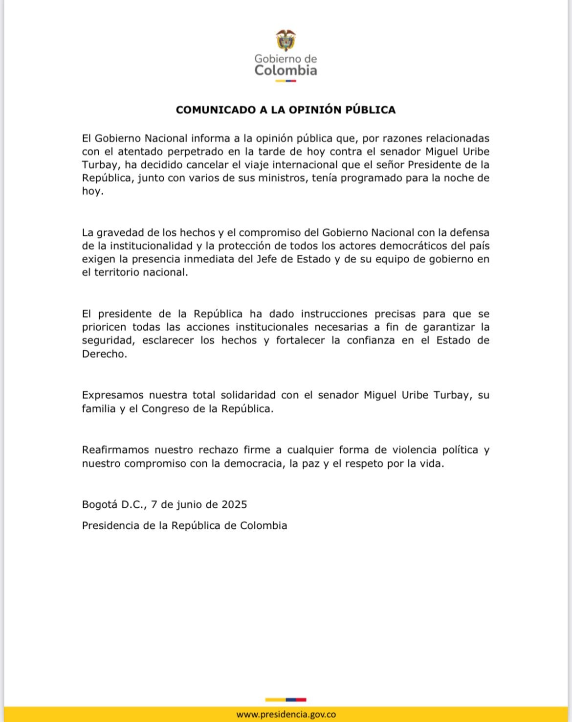 Gobierno anuncia medidas tras atentado contra Miguel Uribe
