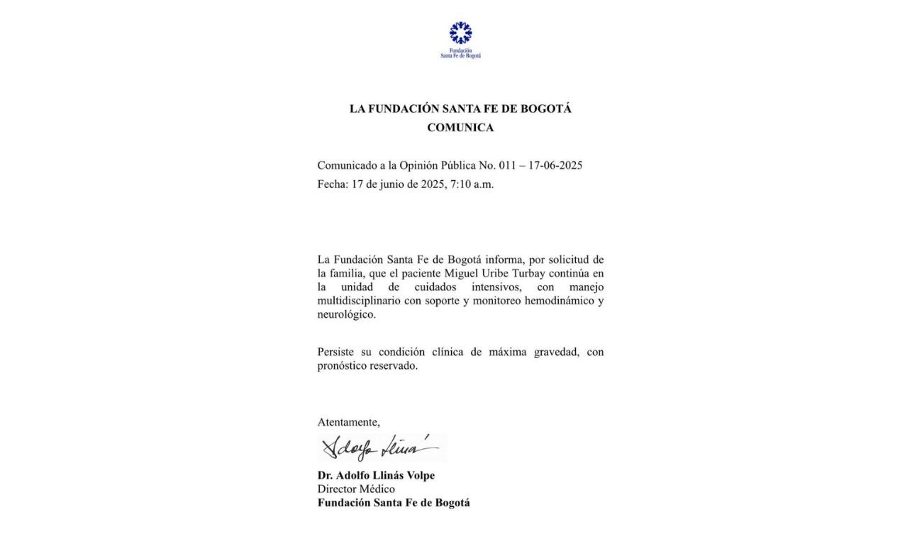 PARTE MÉDICO de MIGUEL URIBE TURBAY este martes 17 de junio