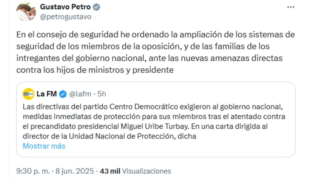 Petro ordena seguridad a opositores pese amenazas a su hija