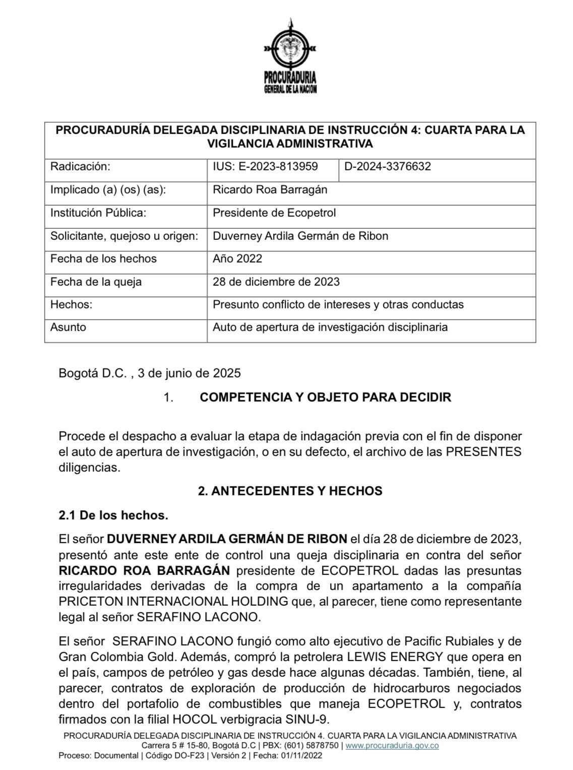 Procuraduría investiga a Ricardo Roa por un apartamento