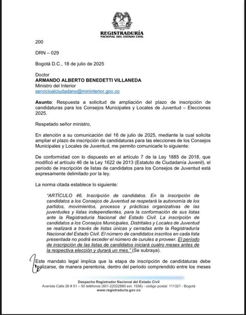 Comunicado de la Registraduría Nacional en que aclaran que ampliar el plazo para la inscripción de candidaturas a los Consejos Municipales y Locales de Juventud no es competencia de la entidad.