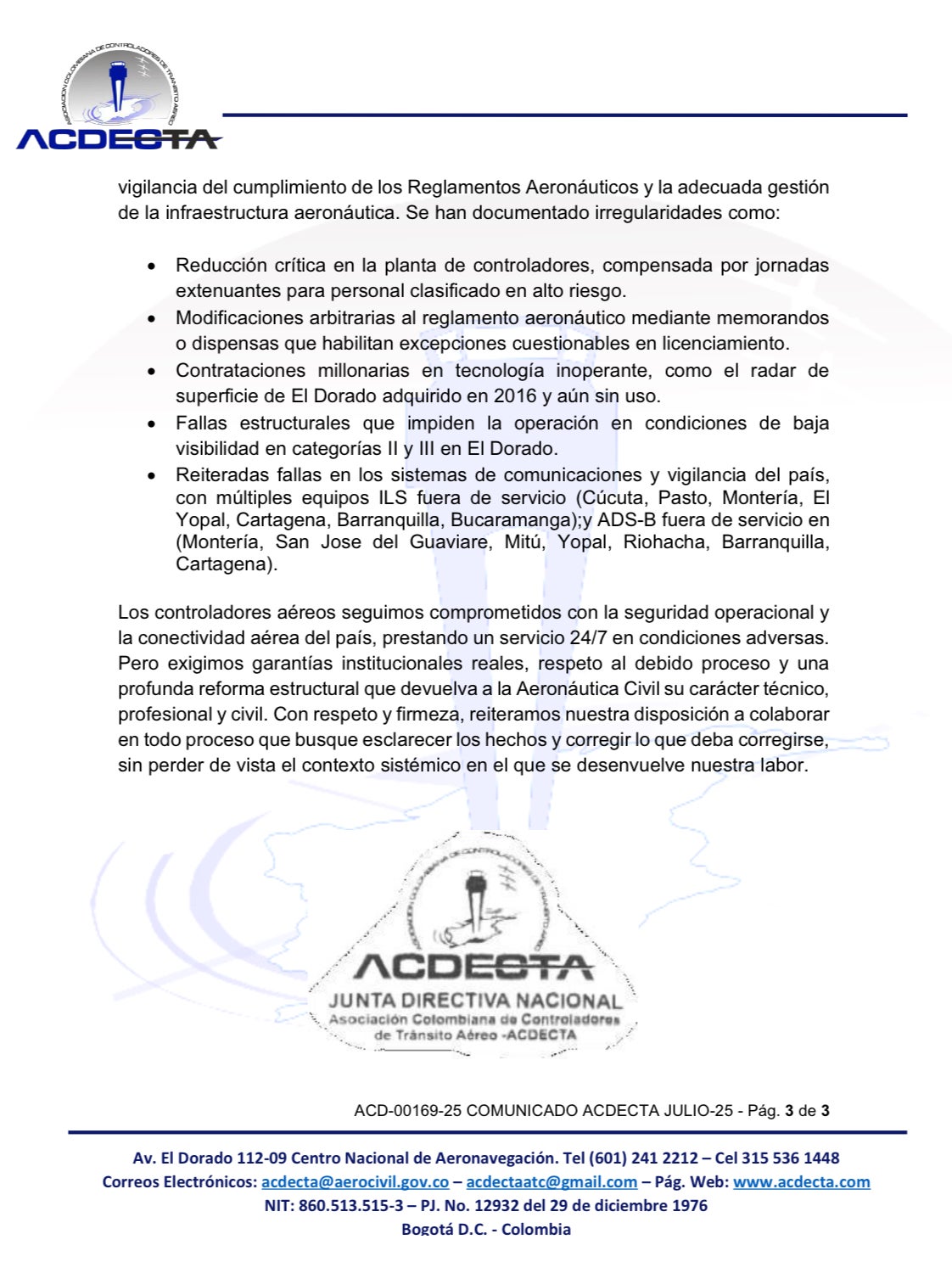 Controladores aereos, Incidente, El Dorado