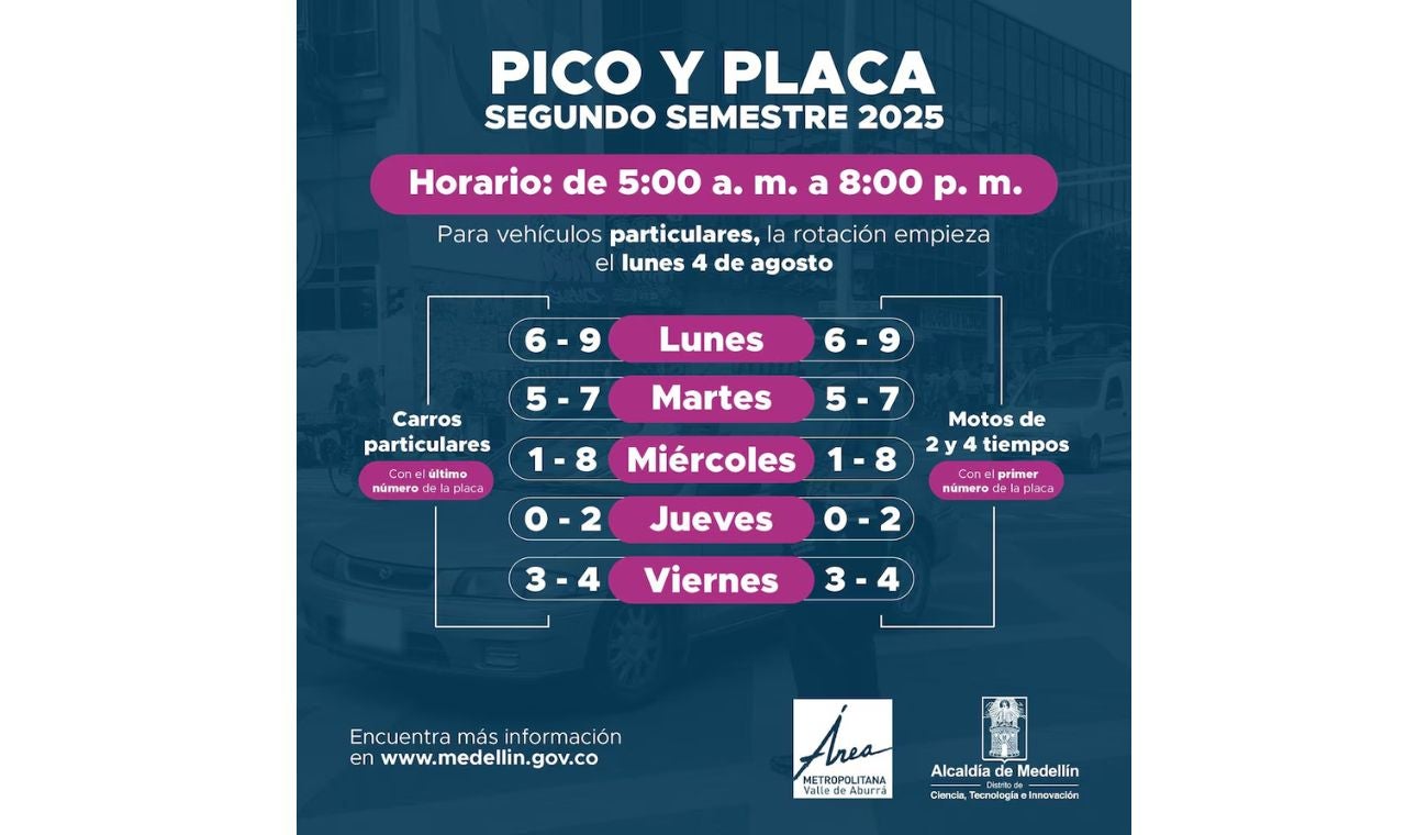 Pico y placa en Medellín para el segundo semestre de 2025