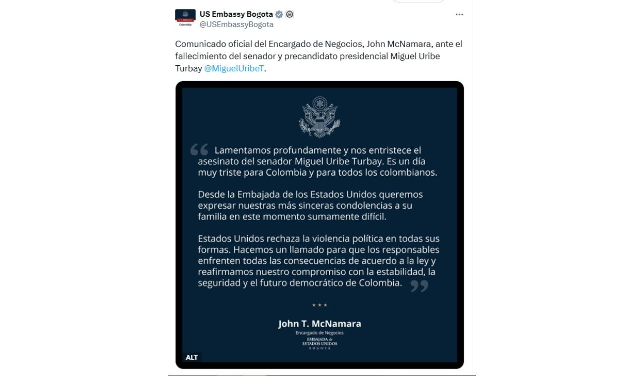 Embajada de EEUU lamenta muerte del senador Miguel Uribe