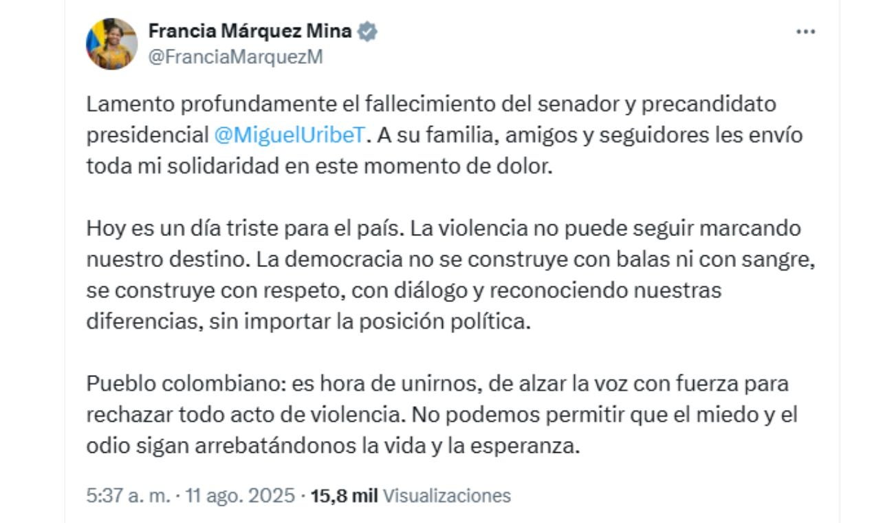 Francia Márquez lamentó el fallecimiento de Miguel Uribe