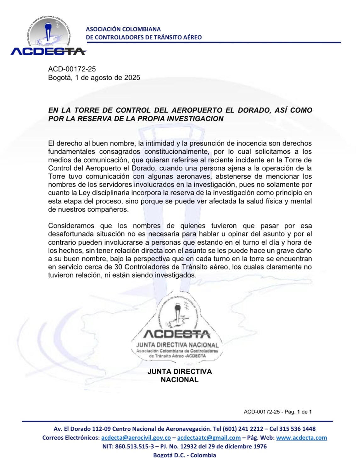 Controladores piden privacidad en caso de El Dorado