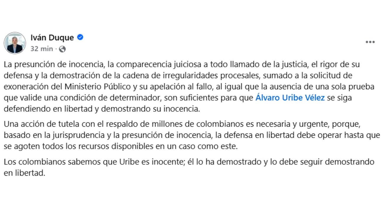DUQUE sobre URIBE: llama a TUTELA con respaldo de Colombia