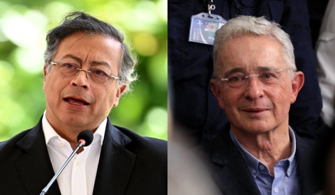 Combo de imágenes del presidente Gustavo Petro y el expresidente Álvaro Uribe