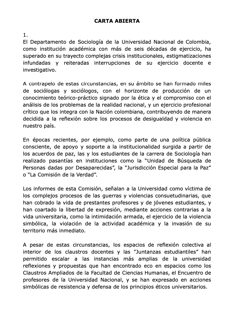 Profesores de Sociología de la UNAL rechazan violencia y convocan a un acto simbólico por la paz