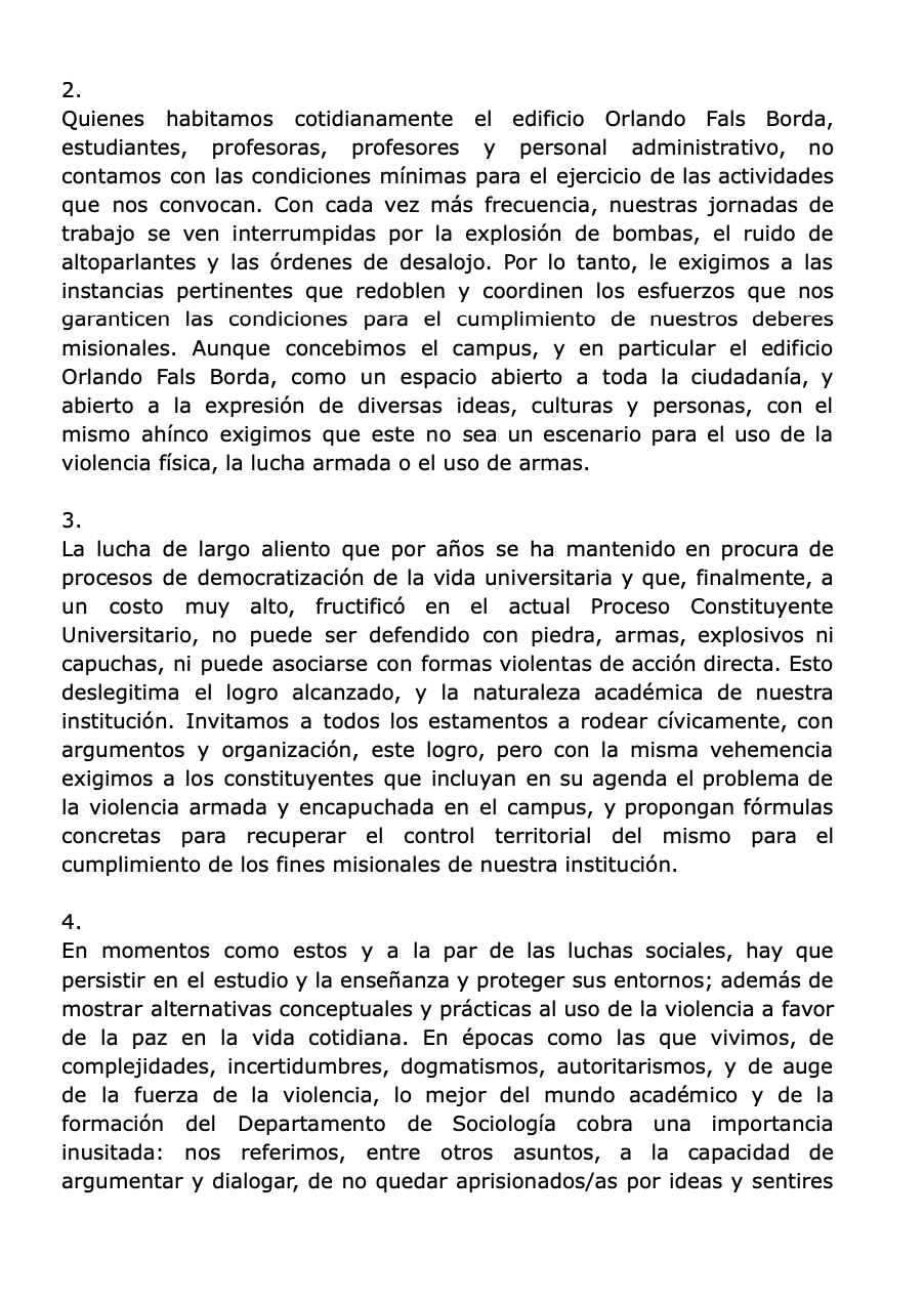Carta abierta profesores sociología UNAL