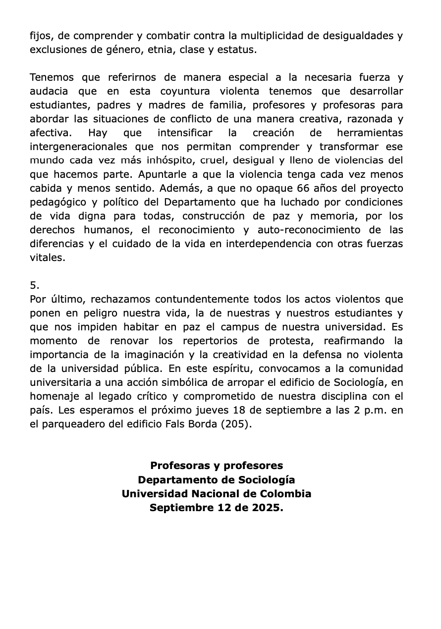 Carta abierta profesores sociología UNAL