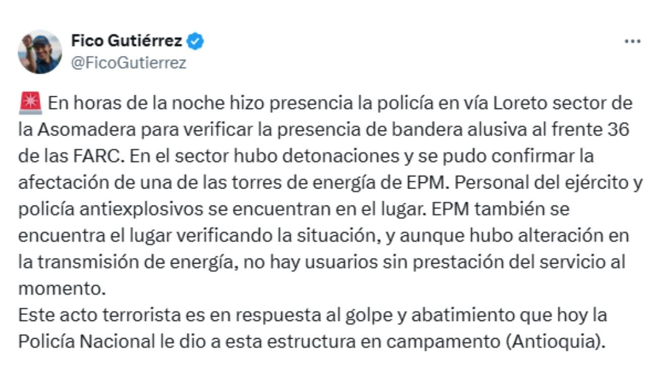 Fico Gutiérrez atribuye atentado en Medellín a retaliación contra operativo de la Policía