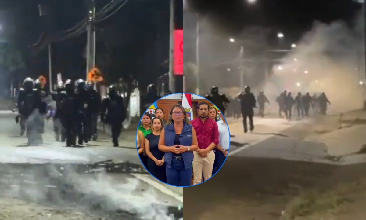 Combo de imágenes de la UNDMO interviniendo en la vía Bogotá-Girardot, y, en el medio, la alcaldesa de La Mesa en una alocución.