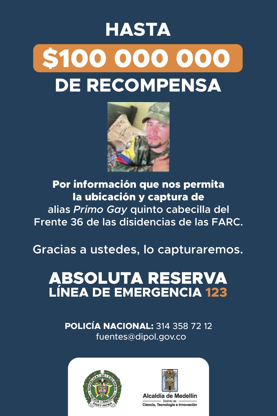 Alcalde de Medellín ofrece recompensa de 100 millones por alias Primo Gay