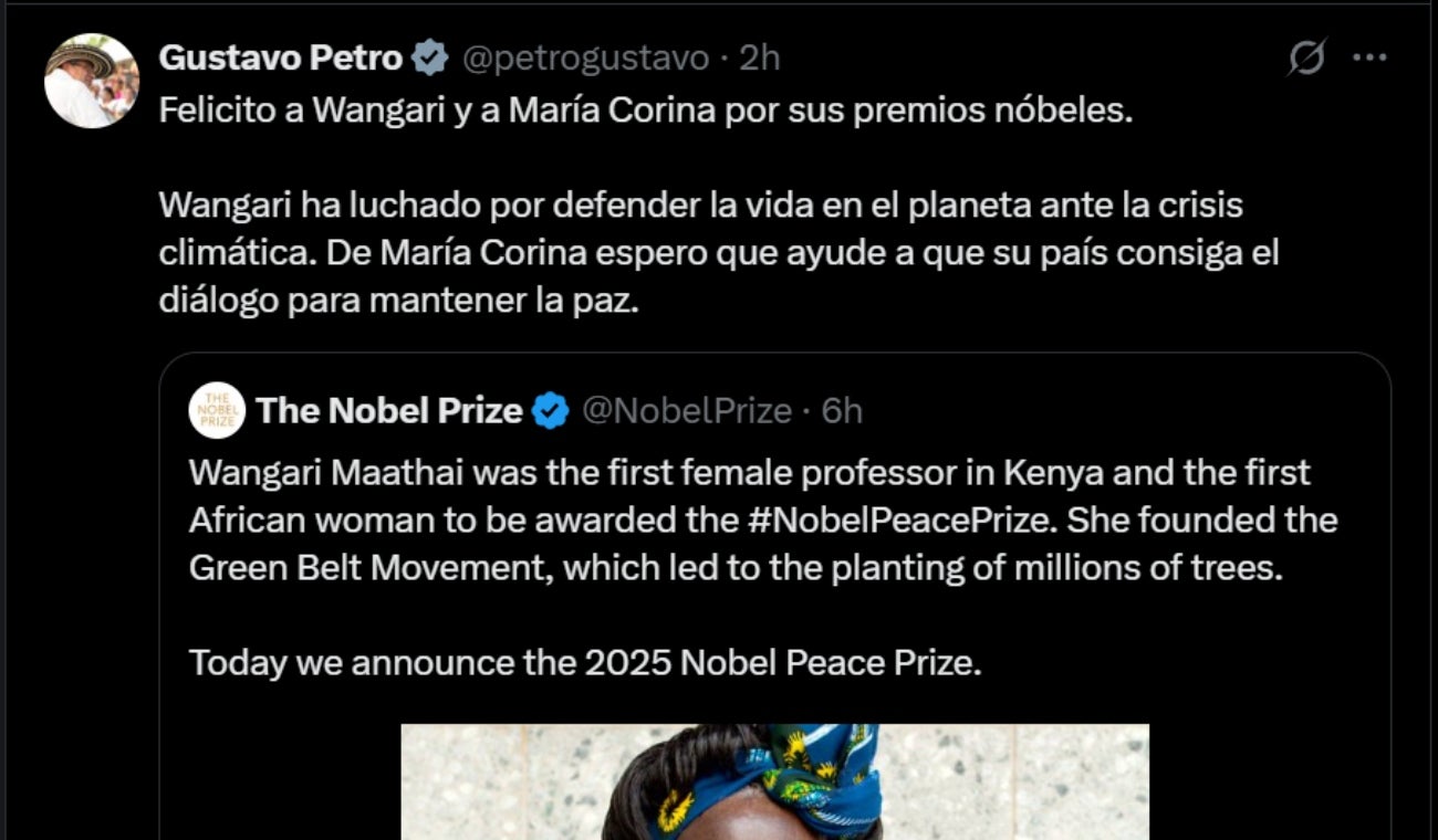 GUSTAVO PETRO reaccionó al NOBEL de PAZ otorgado a MARÍA CORINA MACHADO