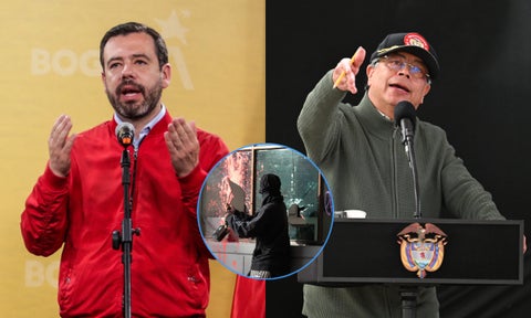 Combo de imágenes de Carlos Fernando Galán, Gustavo Petro y un vándalo en Bogotá