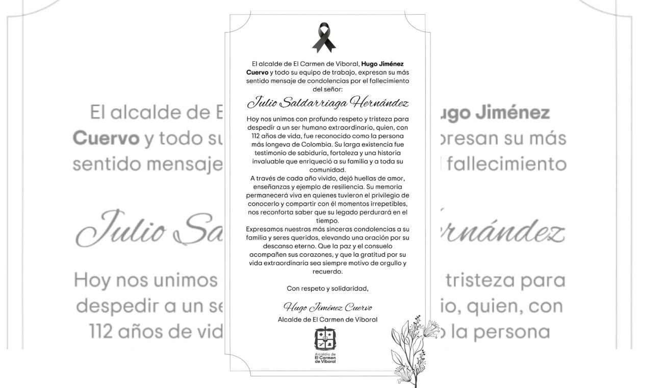 Murió Julio Enrique Saldarriaga, reconocido como el HOMBRE MÁS VIEJO de COLOMBIA