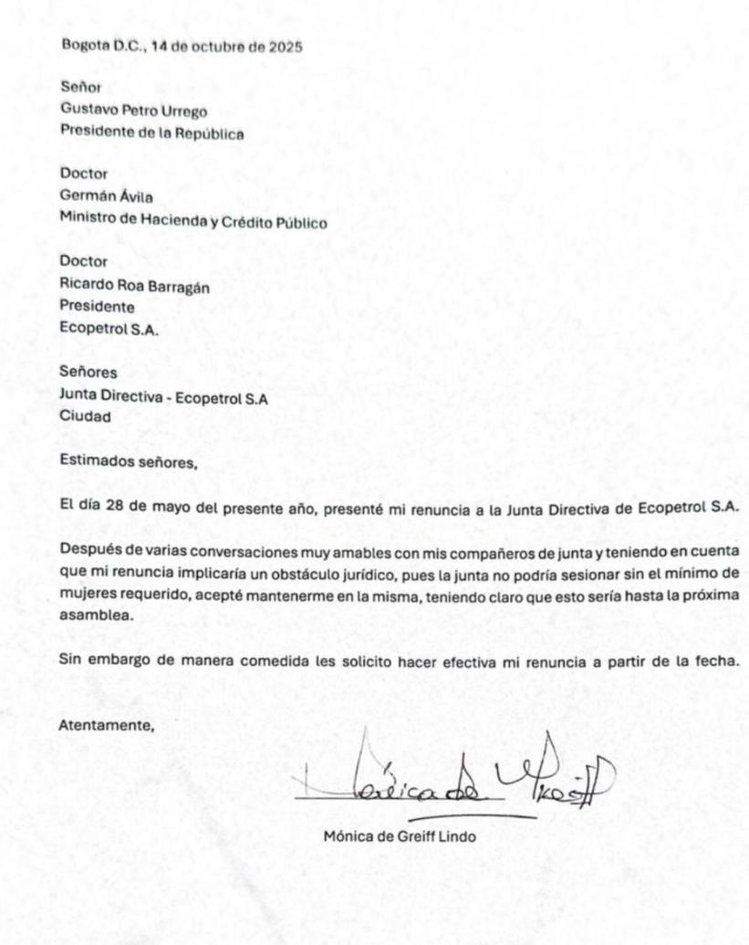 Mónica de Greiff renuncia a Ecopetrol