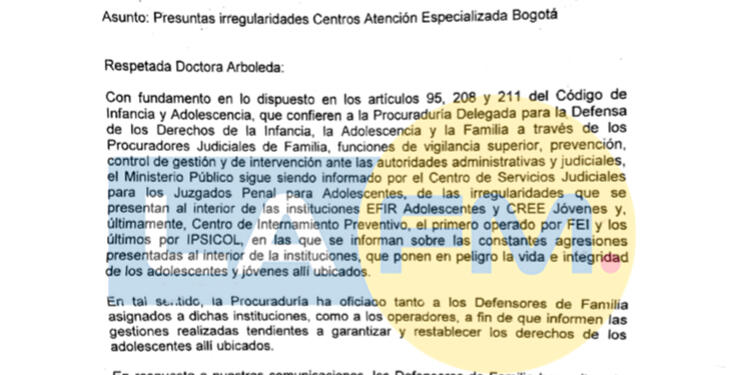 La carta que envió la Procuraduría al ICBF sobre "Presuntas irregularidades Centros Atención Especializada Bogotá"
