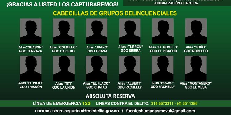 Cartel de los más buscados en Medellín.