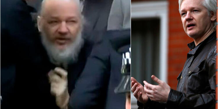 Julián Assange, fundador de Wikileaks, tras ser sacado de la embajada de Ecuador en Londres. A la derecha su aspecto el 19 de mayo de 2017, en el mismo lugar