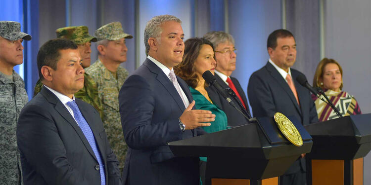 Presidente Iván Duque con los Ministros de Defensa, Justicia e Interio en compañía del Fiscal General de la Nación
