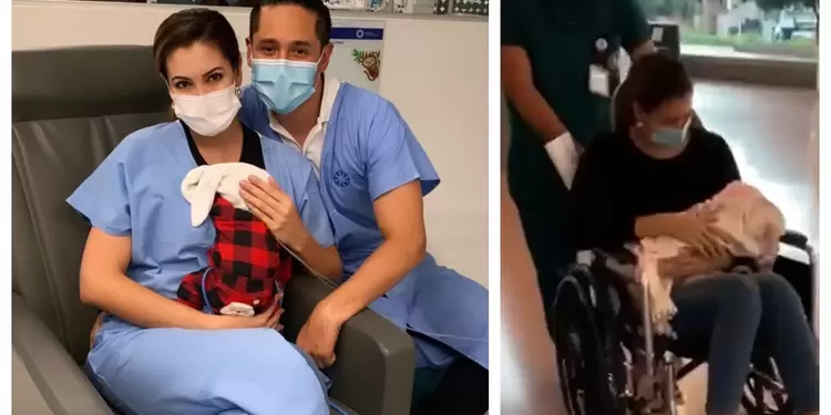 Nanis Ochoa y su bebé salen de la clínica