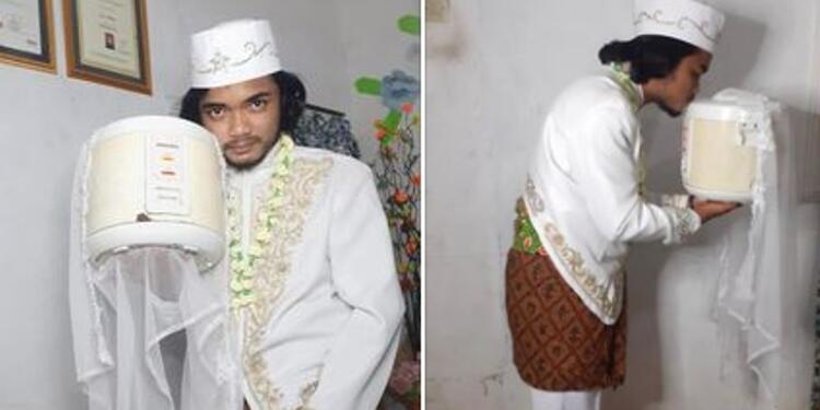 Hombre en Indonesia se casa con una olla arrocera