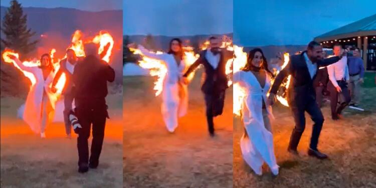 Pareja de dobles de acción se prende fuego en su matrimonio Pareja de novios se prende fuego en su matrimonio