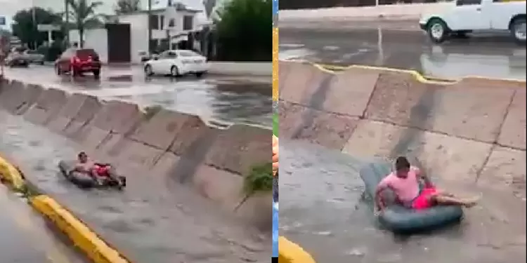 Hombre usa colchón inflable para navegar por caño de Chihuahua, México Hombre navega por caño de Chihuahua, México