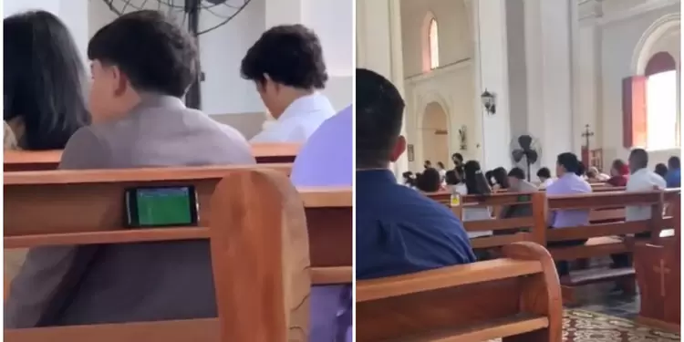 sujeto viendo el Mundial en plena misa