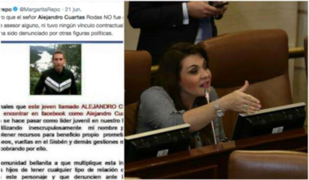 La foto de Alejandro Cuartas publicada en Twitter por la congresista Margarita Restrepo (a la derecha)