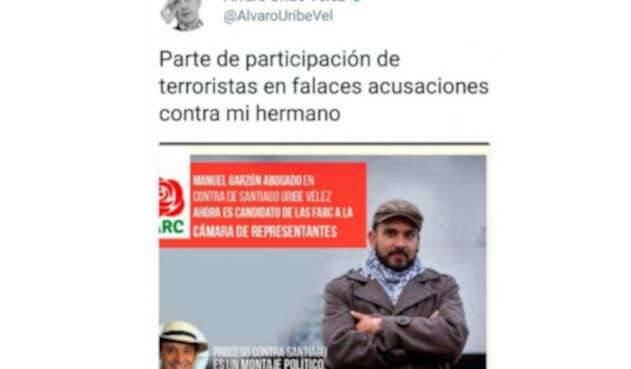 El mensaje que publicó en Twitter el expresidente Álvaro Uribe sobre Manuel Garzón