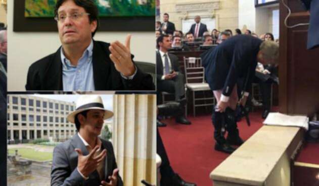 Pachos Santos (Izq arriba), Víctor Correa (Izq abajo) y Mockus bajándose los pantalones en el Senado (Der)