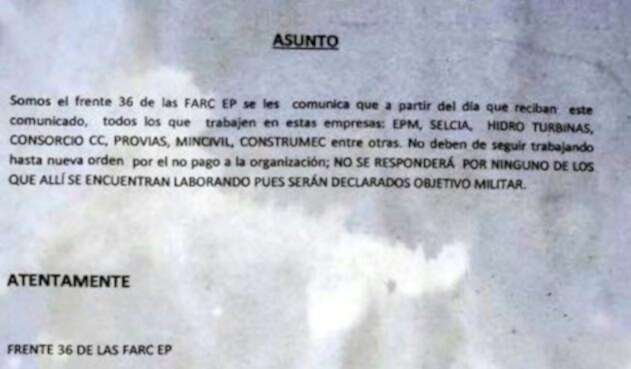 Panfleto de Disidencia del Frente 36 de las Farc