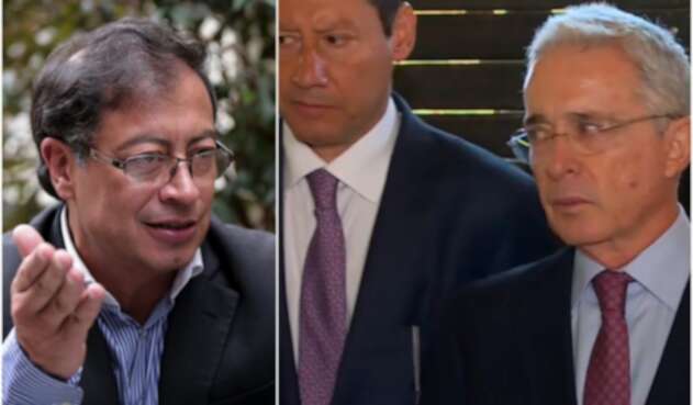 Gustavo Petro, a la izquierda en Bogotá. A la derecha, el abogado Jaime Lombana y el expresidente Álvaro Uribe en la finca de este último en Rionegro (Antioquia)