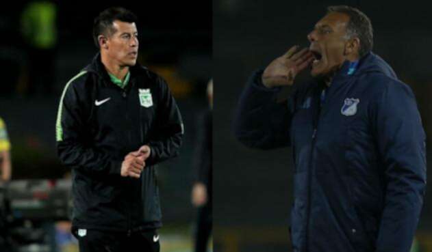 Jorge Almirón, técnico de Atlético Nacional, y Miguel Russo, técnico de Millonarios