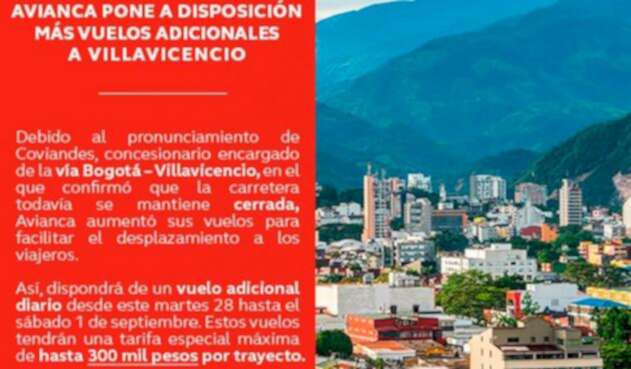 La publicación de Avianca en Twitter anunciando más vuelos a Villavicencio