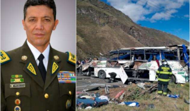 El general de Distrito Carlos Enrique Alulema, director nacional antinarcóticos de Ecuador. Y el bus accidentado en Quito