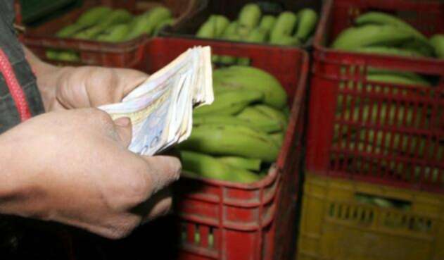 Un tendero contando sus ganancias en el mercado Un tendero contando sus ganancias en el mercado