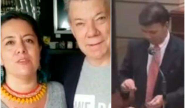 Ana María González Forero y Juan Manuel Santos en Nueva York. A la derecha, cuando le lanzó el huevo