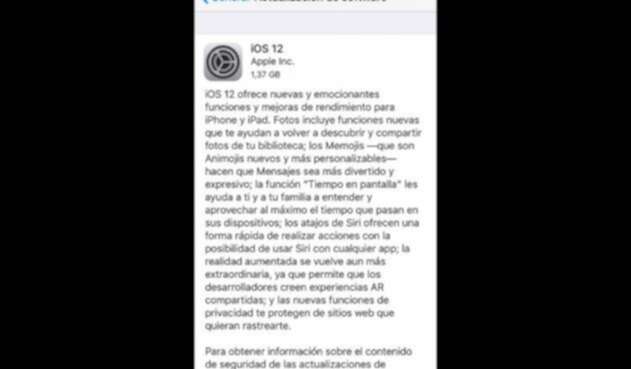 La notificación anunciando la posibilidad de descargar el iOS 12