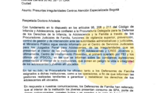 La carta que envió la Procuraduría al ICBF sobre "Presuntas irregularidades Centros Atención Especializada Bogotá"